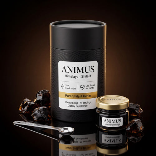 Animus Himalayan Shilajit Resin canister and gold-lid glass jar with raw resin